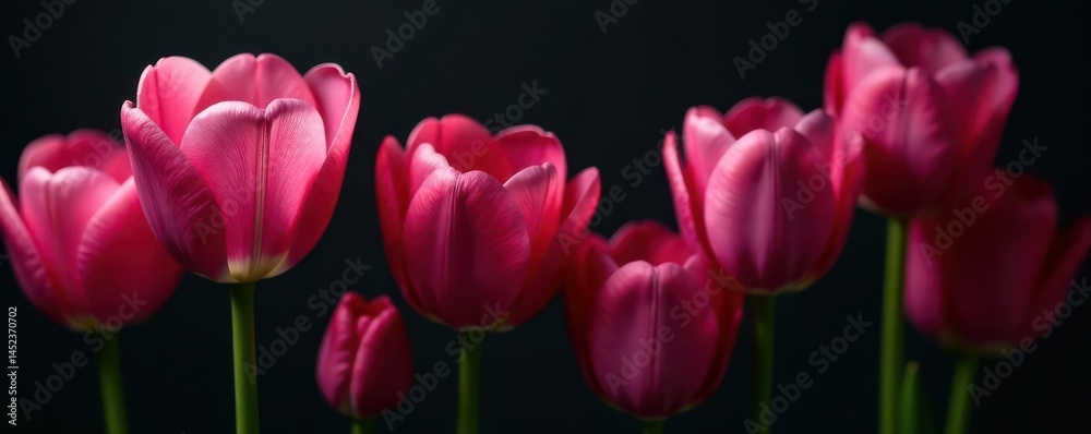 Fototapeta premium Luxurious pink tulips, silk-like petals, dark backdrop, ample copy space , delicate, vibrant, soft