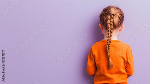 A young girl with a braided ponytail stands facing away from the camera, against a muted purple background.  She wears an orange top