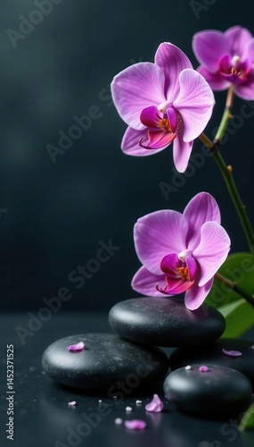 Polished stones & delicate orchids against dark backdrop , smooth, luxury, calm