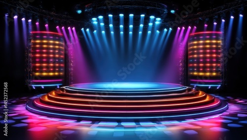 Wallpaper Mural A vibrant, colorful stage with dynamic lighting and illuminated steps, set for a live performance or show. Torontodigital.ca