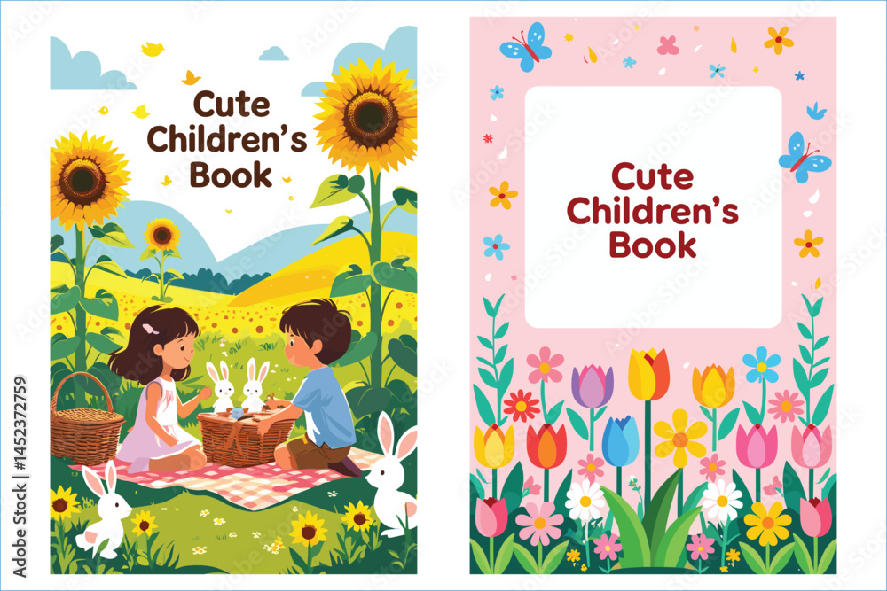 Fototapeta premium Adorable Childrens Book Cover Illustration Set Featuring Floral Fields And Picnic Scene