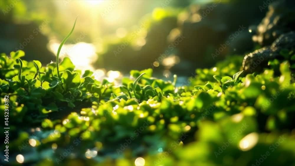 Sunlit green ground cover close up, HD footage.
