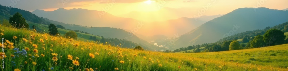 Fototapeta premium Sun-drenched meadow, soft hills, hazy mountains Tranquil digital landscape, nature scene , idyllic, sunlight, peaceful