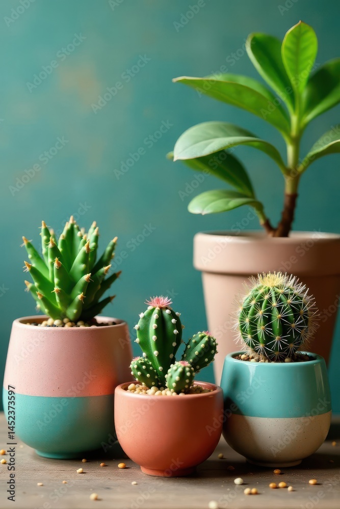 Fototapeta premium Variety of succulents and cacti planted in unique upcycled containers , plants, botanical