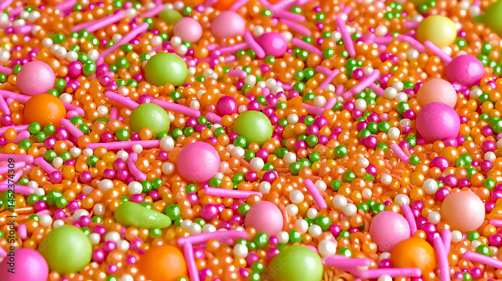 Vibrant mix of colorful sprinkles. Tiny, round and rod-shaped candies in various shades of pink, orange, green, and white. A sweet, festive topping Vibrant mix of colorful sprinkles. Tiny, round and rod-shaped candies in various shades of pink, orange, green, and white. A sweet, festive topping
