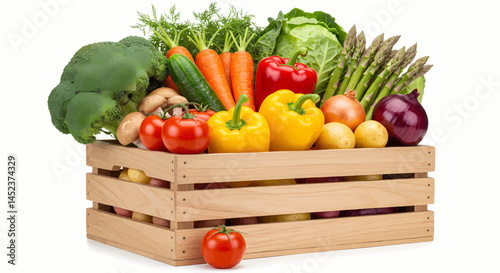 Brown wooden box filled with fresh vegetables on a transparent white background with no side shadows. Vector Illustration