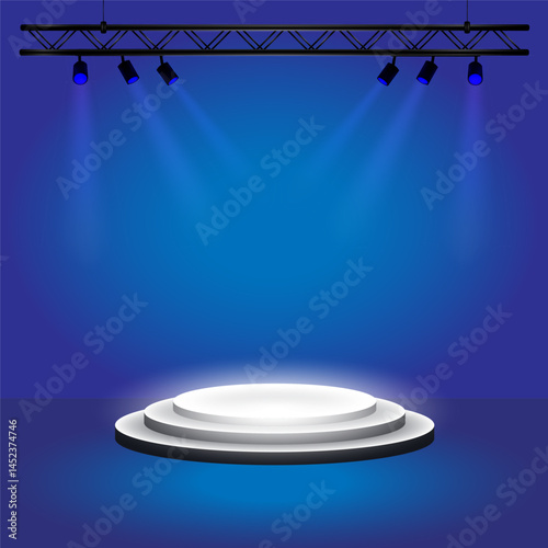 3D white round podium on a blue background. Spotlights, beams illuminate the central platform. Suitable for product demonstrations, presentations, speeches. Vector illustration EPS10.