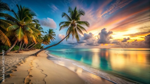 Serene Coral Beach Escape: Long Exposure Palm Trees & Tranquil Ocean