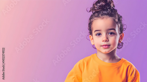 Young girl with curly hair and an orange top.  A portrait against a gradient background