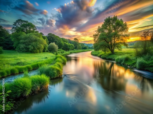 Serene Countryside River at Dusk - Long Exposure Photography