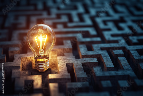 Glowing Light Bulb Highlighting the Path in a Complex Maze