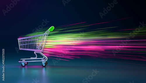 Futuristic Shopping Cart Racing With Dynamic Light Trails on Dark Background with copy space