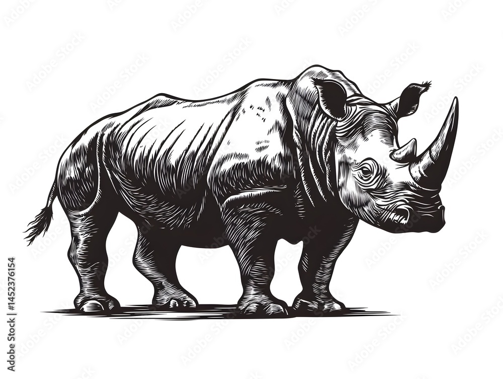 Fototapeta premium A detailed black and white illustration depicts a powerful rhinoceros standing majestically against a stark white background showcasing its impressive