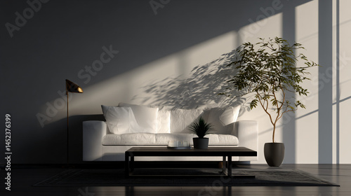 A minimalist living room featuring a white couch, board plant, and lamp, emphasizing easiness