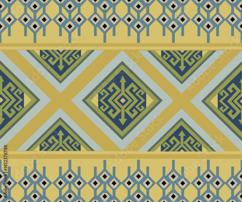 A rich cultural design combining diamond symbols and ancient tribal marks, accented with stylized candlestick-like motifs. Perfect for fabric, accessories, or wallpaper with a historical edge.