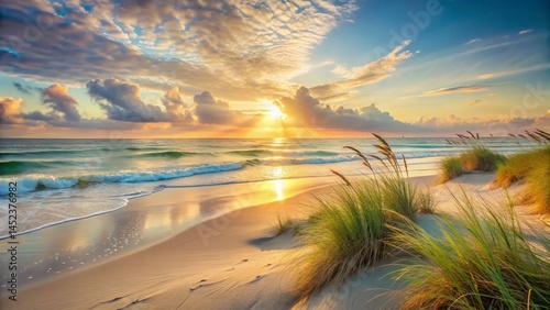 Serene Sunrise Beach: Soft Sand, Seagrass, Tranquil Ocean