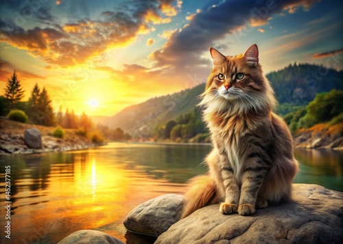 Serene Sunset: Cat on Mountain Riverbank
