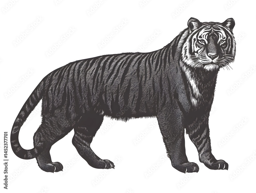 Naklejka premium A majestic black and white illustration depicts a powerful tiger standing proudly in profile view against a plain white background.