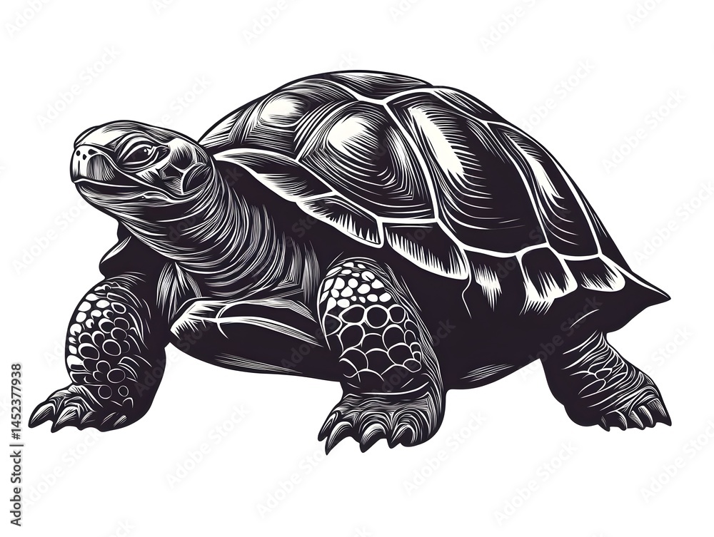 Fototapeta premium A detailed black and white illustration of a tortoise showcasing its textured and strong legs against a white background.