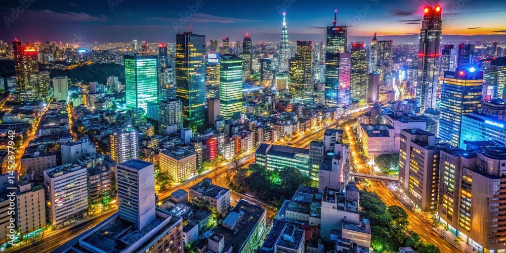 Obraz premium Shinjuku Tokyo Neon Lights Night Drone Wide Shot - Vibrant Cityscape