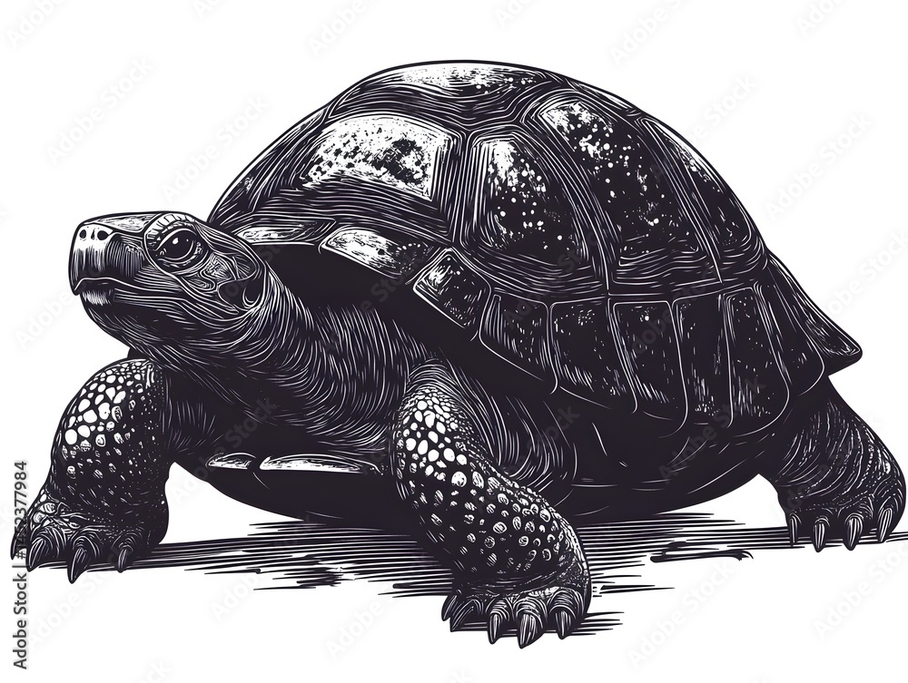 Fototapeta premium A detailed black and white woodcut illustration of a Galapagos tortoise walking slowly on a white background.