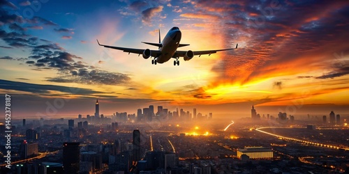 Silhouette Airplane Drone Cityscape: Dramatic Aerial View at Sunset