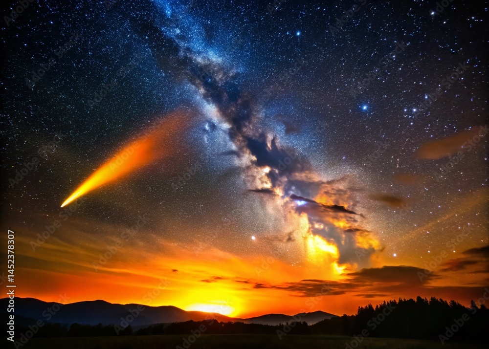 Fototapeta premium Silhouette Comet Night Sky: Fiery Glow Illuminates Clouds - Astronomy Stock Photo