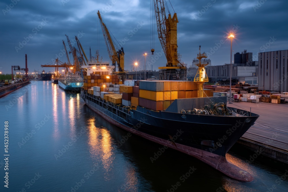 Fototapeta premium Cargo Ship Docks at Dusk, Containers Await Transport Amidst Cranes and Harbor Lights Glow in the Night