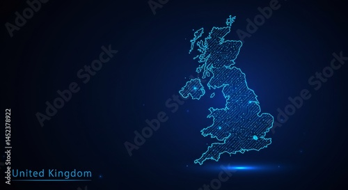 Futuristic glowing United Kingdom map with vibrant cyan lines and circuit design