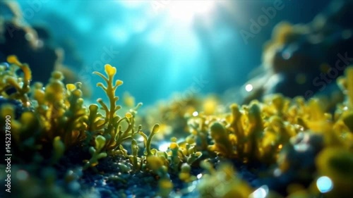 Glowing marine plants on seabed close up, HD footage. Keywords: