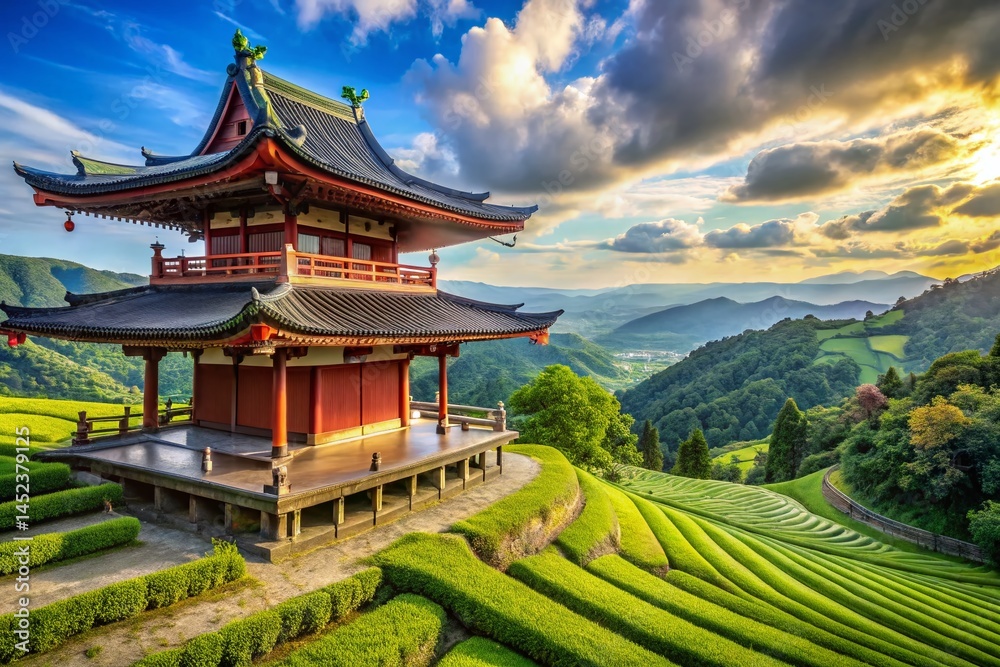 Fototapeta premium Anime Style Rice Terraces Temple Illustration with Cinematic Depth and Curved Eaves