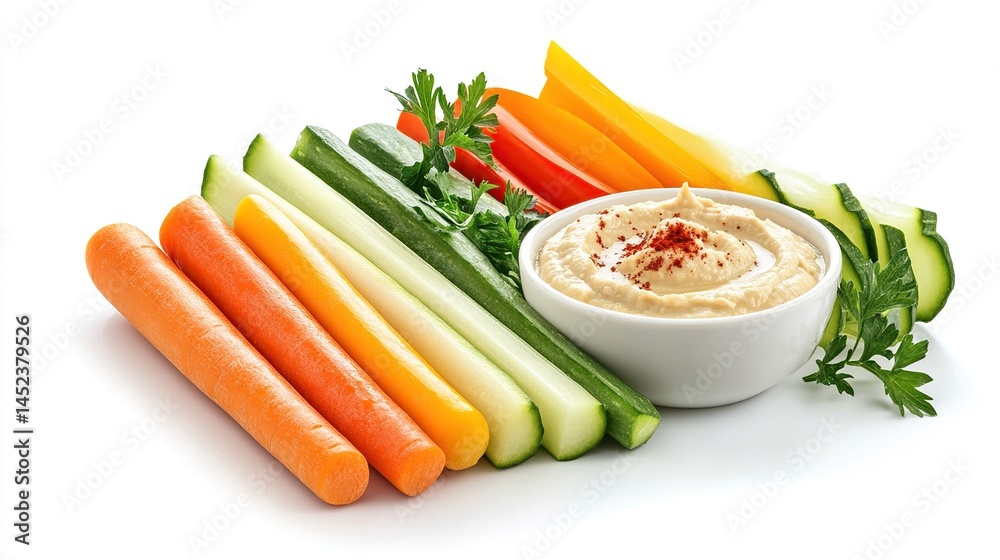 Colorful vegetable sticks and hummus. A selection of colorful carrot, cucumber, and bell pepper sticks arranged with a small bowl of hummus Colorful vegetable sticks and hummus. A selection of colorful carrot, cucumber, and bell pepper sticks arranged with a small bowl of hummus