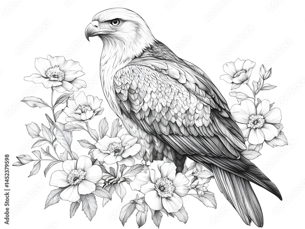 Fototapeta premium A majestic eagle perched amidst delicate dog roses in a detailed pencil sketch illustration perfect for nature lovers and wildlife enthusiasts.