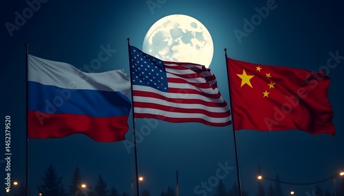 Flags of Russia, USA, and China illuminated by dramatic spotlights at night with a full moon in the background, symbolizing silent global rivalry under a shared sky