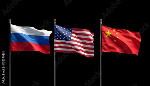 Illuminated flags of Russia, China and the USA, hung in a row on tall flagpoles against a completely black background