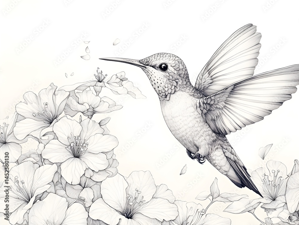 Fototapeta premium A detailed pencil sketch depicts a hummingbird in flight gracefully approaching delicate blossoms of flowers.