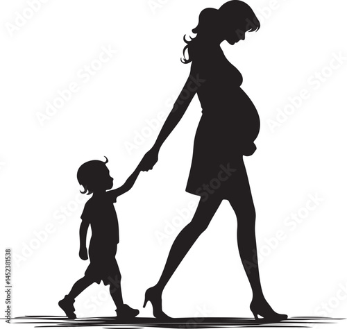 Pregnant Woman and Child Walking Hand in Hand – Black and White Silhouette Illustration