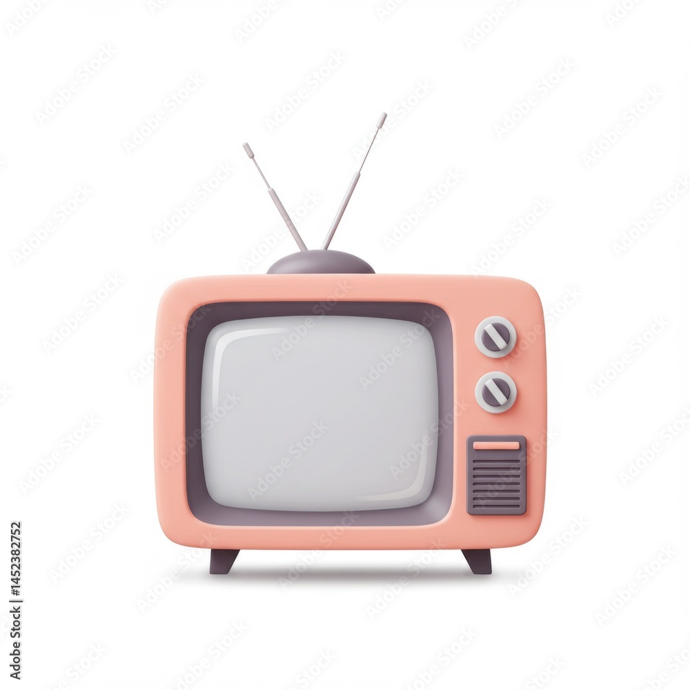 Retro Television in Peach and Gray with Antenna and Buttons on White Retro Television in Peach and Gray with Antenna and Buttons on White