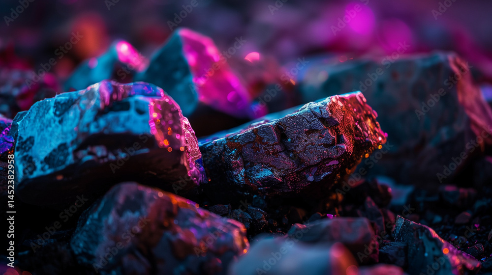 Fototapeta premium Macro Shot of Raw Cobalt Ore Chunks with Metallic Textures, Dark Industrial Background, Shallow Depth of Field, Natural Mineral Specimen, Mining Resource, High Detail Close-Up