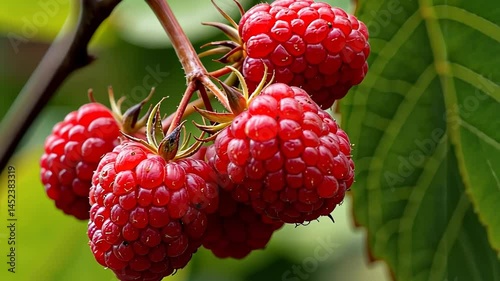Fresh Raspberries Hanging on Branch Against Green Leaves  