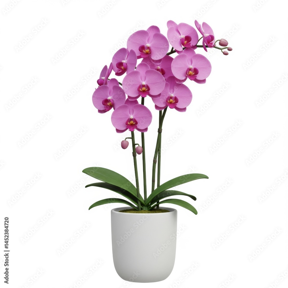 Fototapeta premium Pink Phalaenopsis Orchid Bloom in White Pot Isolated on Clean Background