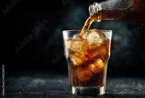 Wallpaper Mural Close-up of cola being poured into a glass with ice cubes on a dark background, ideal for beverage advertisements and summer refreshment themes Torontodigital.ca