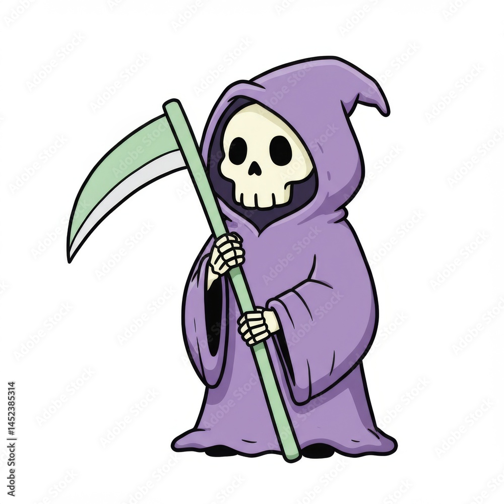 Fototapeta premium Cartoon Grim Reaper in Purple Cloak Holding Scythe Against White Background