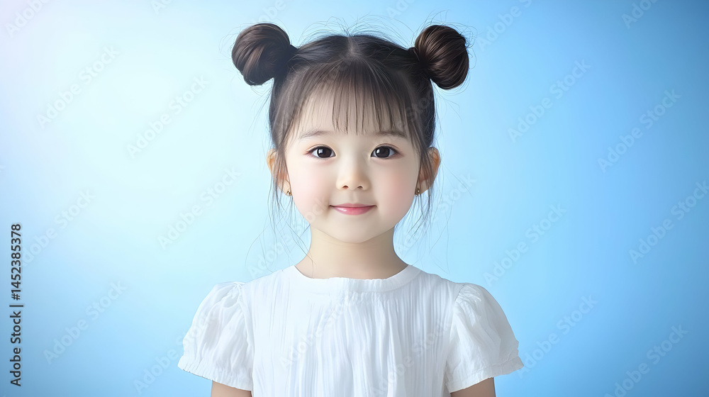 Smiling girl with twin buns. A young child, light-skinned, with a cheerful expression and twin pigtails. Simple white top. Studio shot on blue background Smiling girl with twin buns. A young child, light-skinned, with a cheerful expression and twin pigtails. Simple white top. Studio shot on blue background