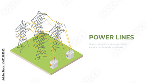 Overhead power line concept. Transmission of electricity and energy from power plants to city. Modern technologies and innovations. Template, layout and mock up. Cartoon isometric vector illustration