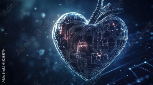 Heart Shaped Circuit Board with Glowing Traces on Dark Blue Background, Futuristic Medical Technology