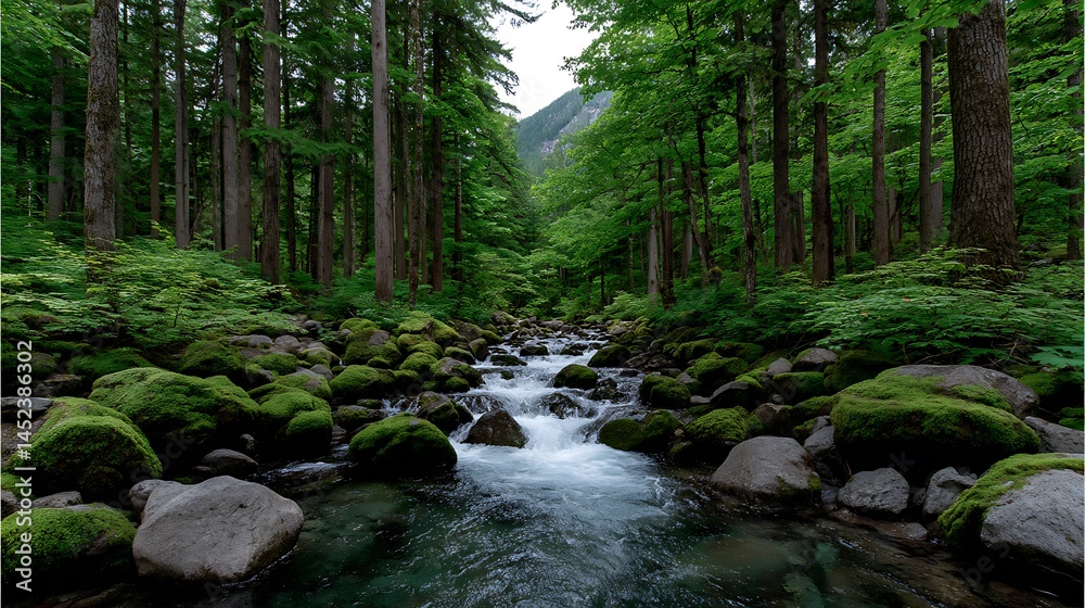 Fototapeta premium Serene Mountain Stream with Mossy Rocks, and Lush Forest.