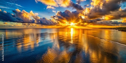 Stunning Aerial Sunset Over Calm Water, Golden Hour Reflection