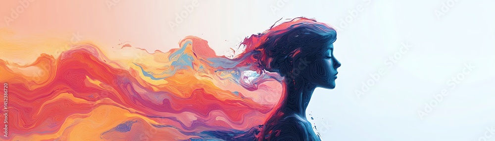 Psychologythemed minimal 2D art, human figure in a melting, shifting environment, representing mental chaos, distorted perception, flat illustration style, soft emotional colors