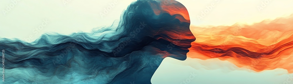Psychologythemed minimal 2D art, human figure in a melting, shifting environment, representing mental chaos, distorted perception, flat illustration style, soft emotional colors